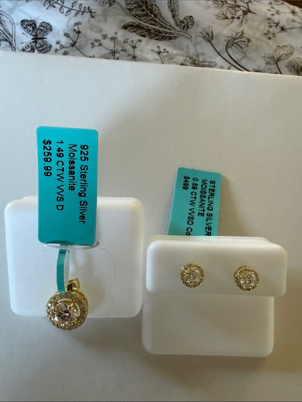 Sterling Silver Gold Overlay Round Halo Stud Earrings Moissanite Pendant Set